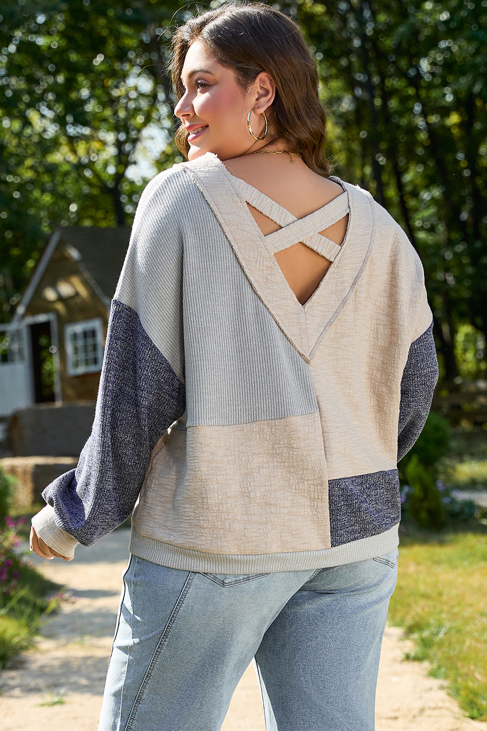 Plus Size Textured Patchwork Long Sleeve V-Neck Top