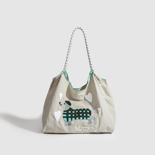 Large Capacity hobo bag with Embroidered Dog pattern, Shoulder bag Nylon, Shoulder Underarm Bag, Commuter hobo Bag Female