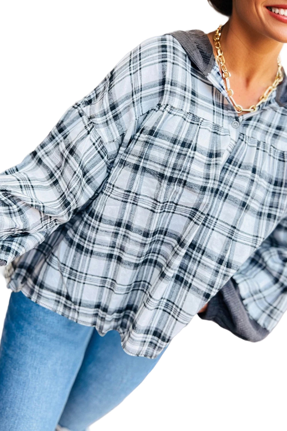 Plaid Quarter-Button Patchwork Long Sleeve Hooded Blouse