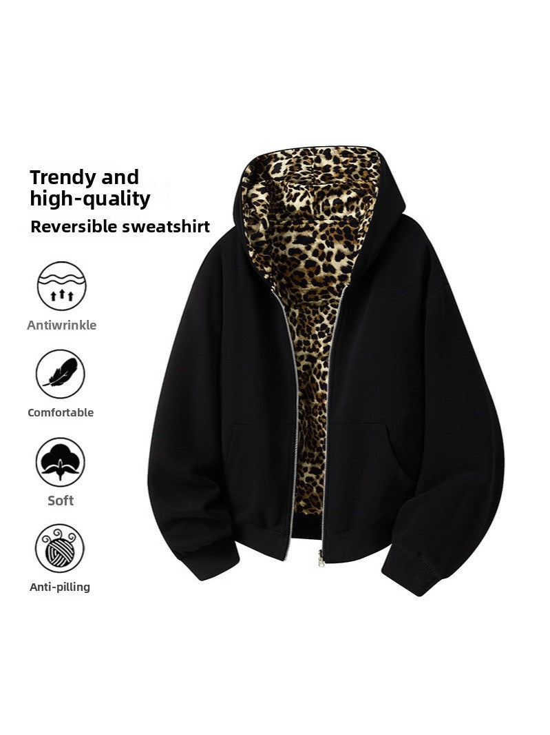 Reversible Leopard Print Hooded Sweatshirt