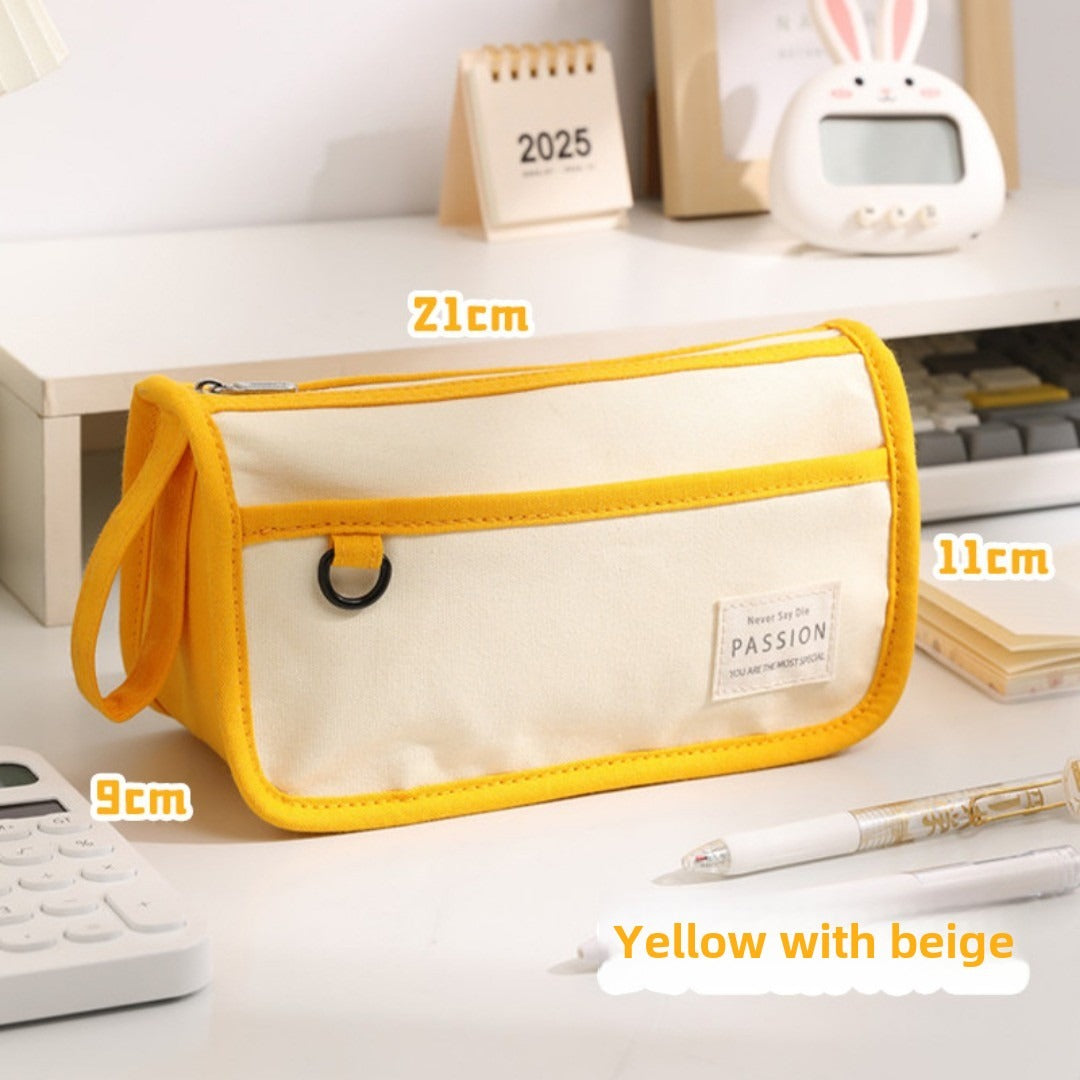 Color Matching Large-Capacity Canvas Pencil Case - Double-Layer Simple Design for Student Stationery Box