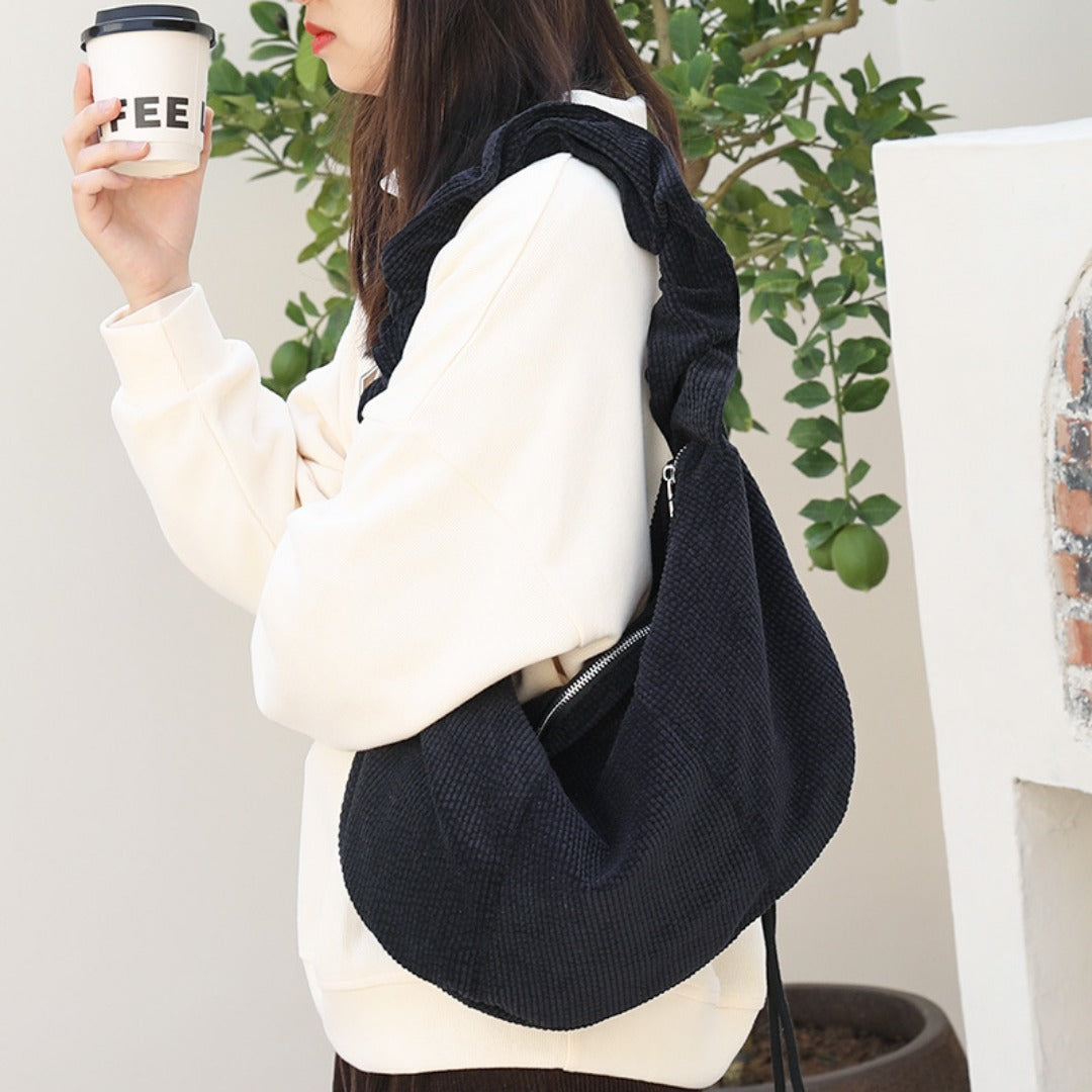 Canvas hobo bag, casual pleated shoulder bag, drawstring corduroy shoulder bag