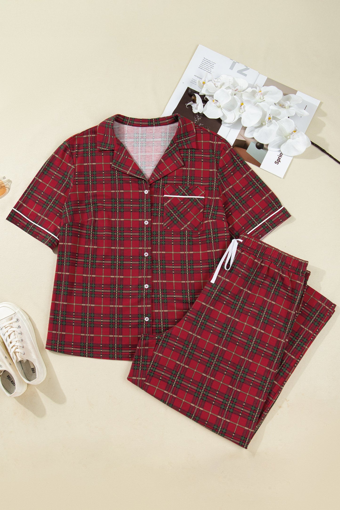 Plus Size Christmas Plaid Shirt and Pants Pajama Set