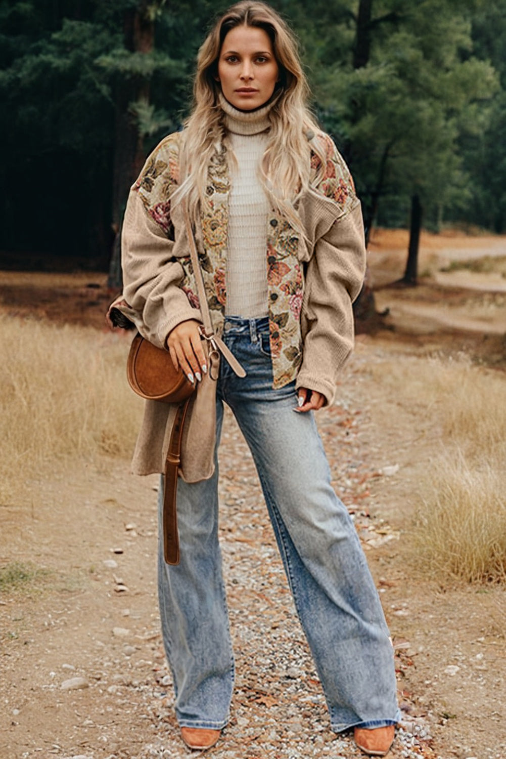 Floral Waffle Knit Patchwork Chest Pocket Buttoned Jacket