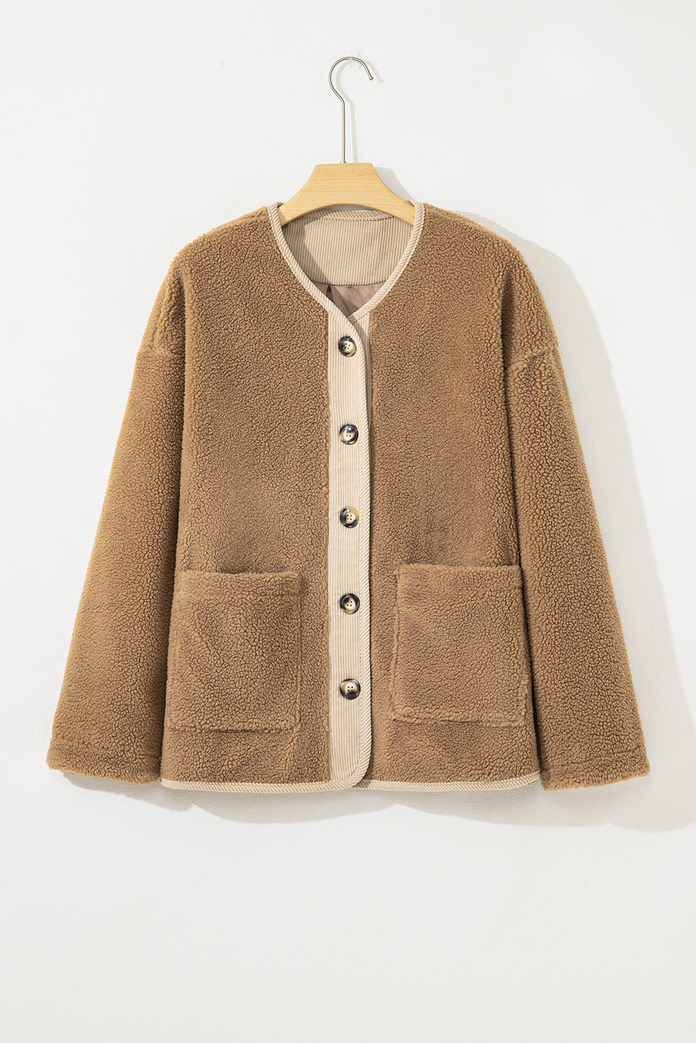Fleece Corduroy Patchwork Button Up Jacket