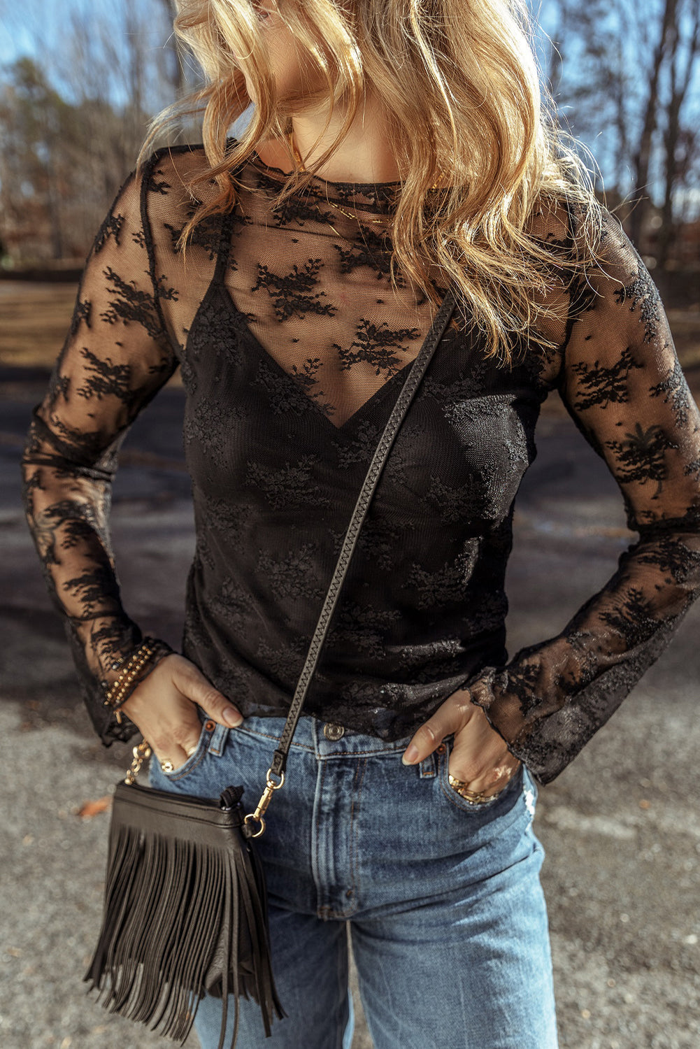 Lace Mesh Crochet Long Sleeve Blouse