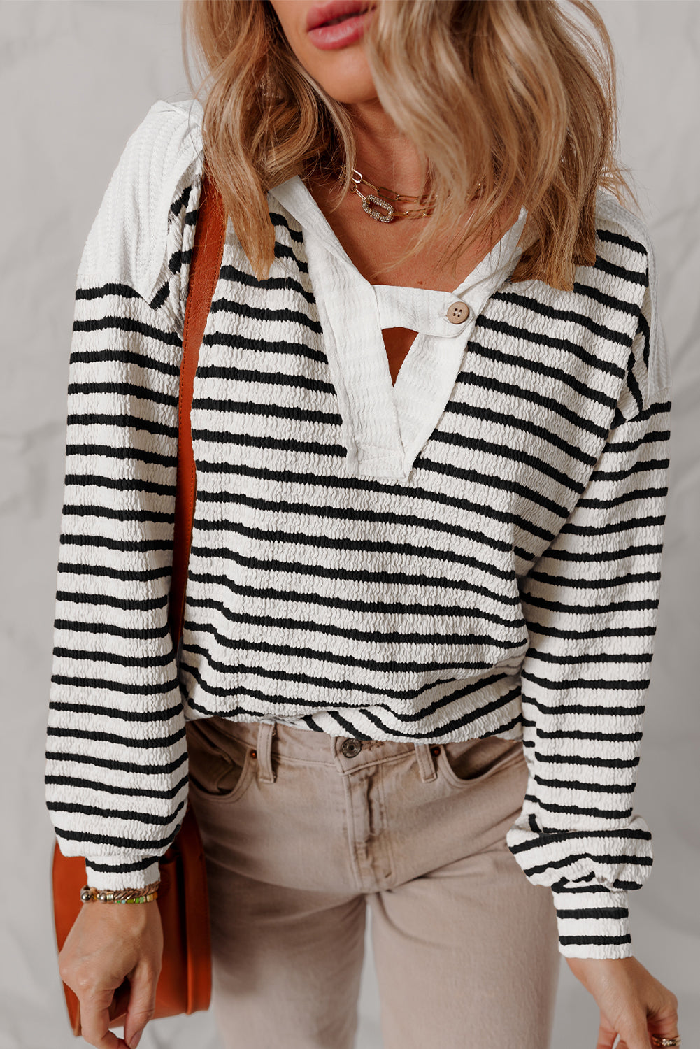 Stripe Textured Long Sleeve Hooded V-Neck Top