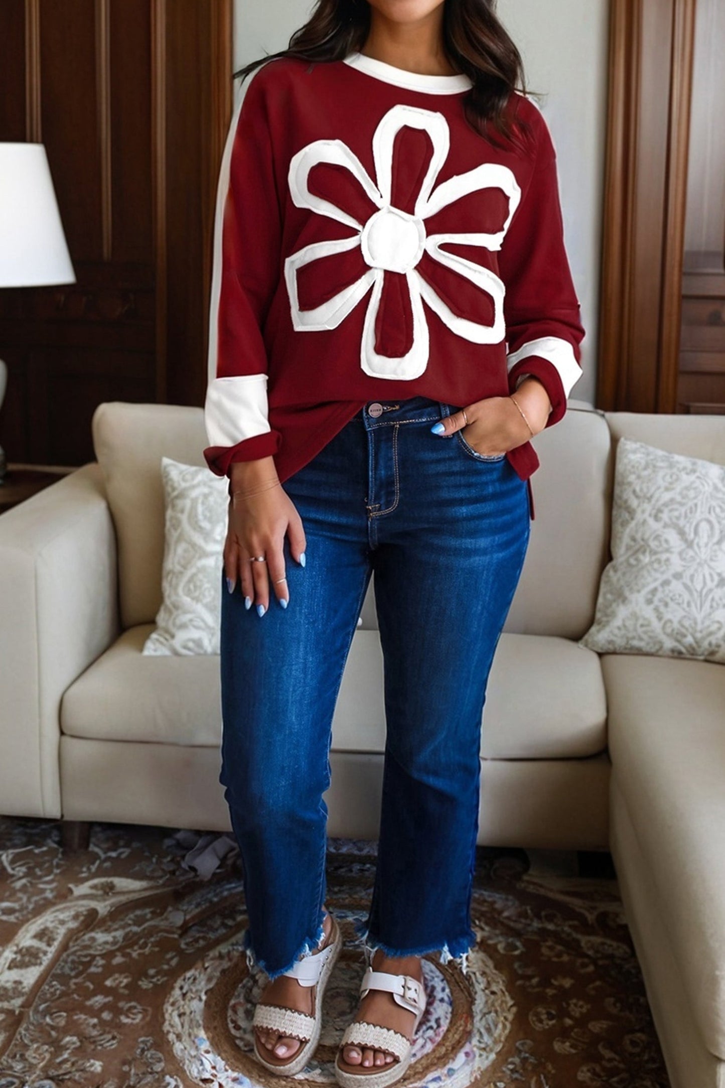 Floral Patch Long Sleeve Crewneck Top