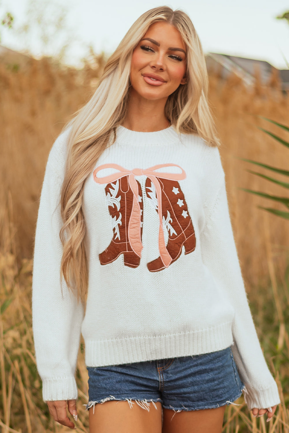 Western Bow Boots Embroidered Drop Shoulder Sweater