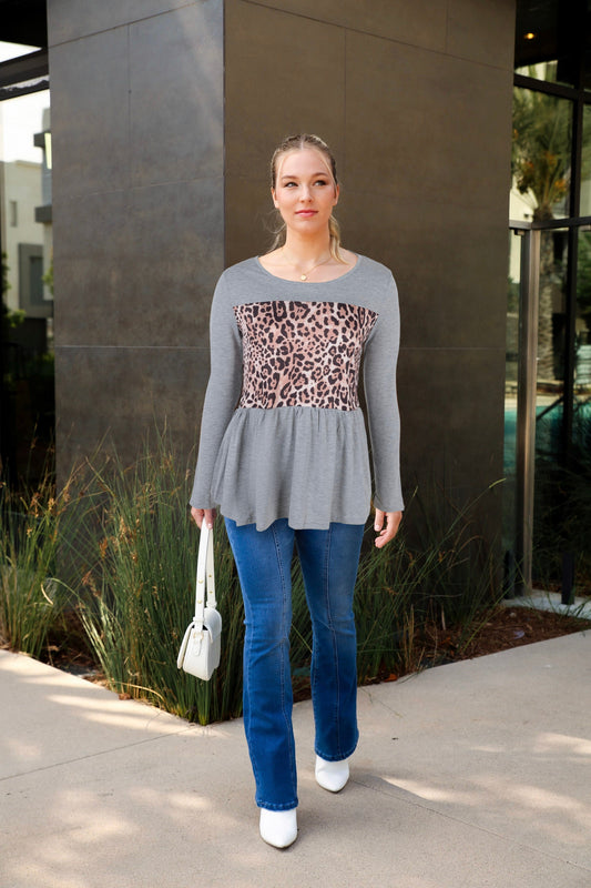 Leopard Panel Shirred Bottom Sweater