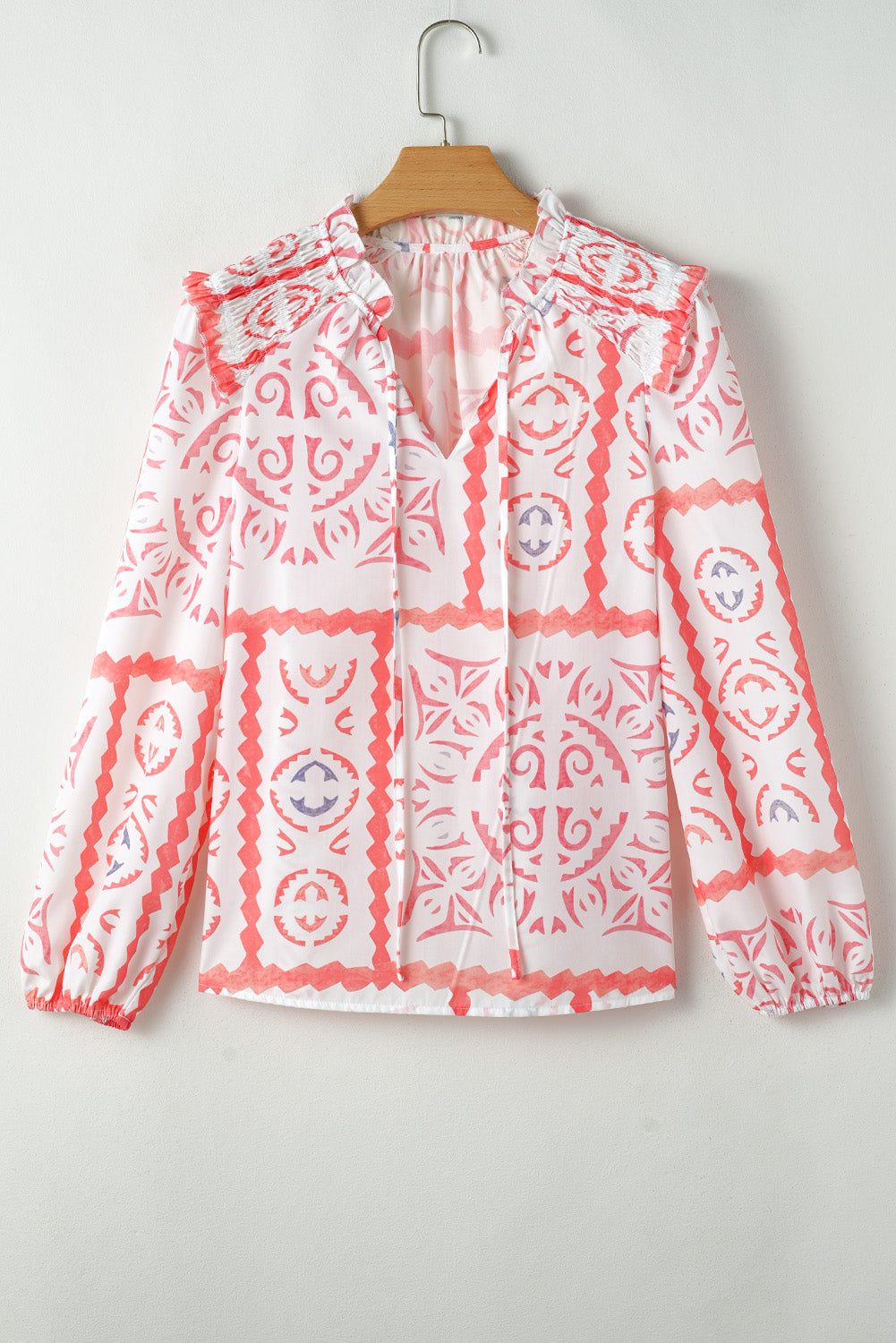 Abstract Poet Collar Smocked Long Sleeve Blouse