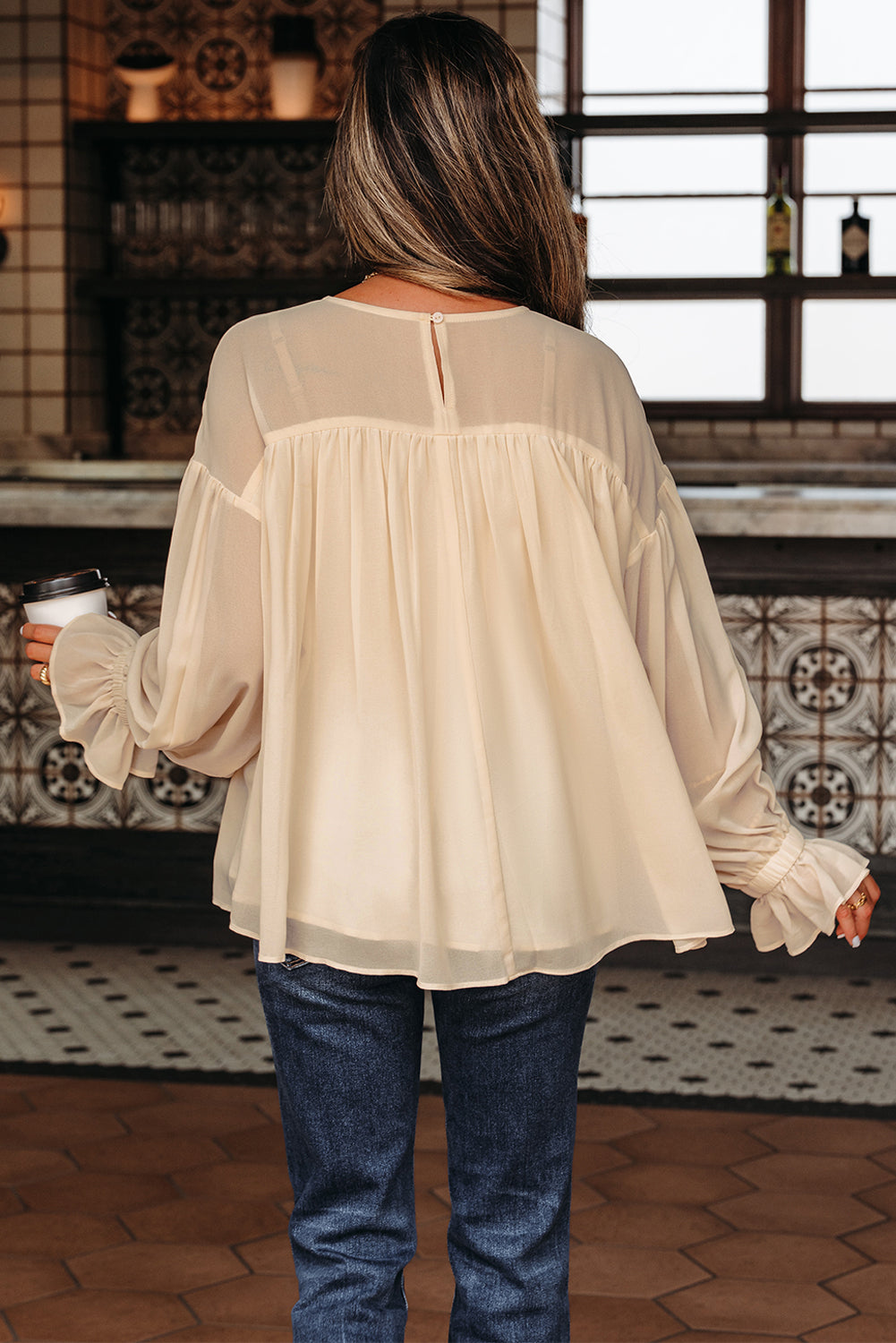 Solid Chiffon Pleated Ruffle Long Sleeve Blouse