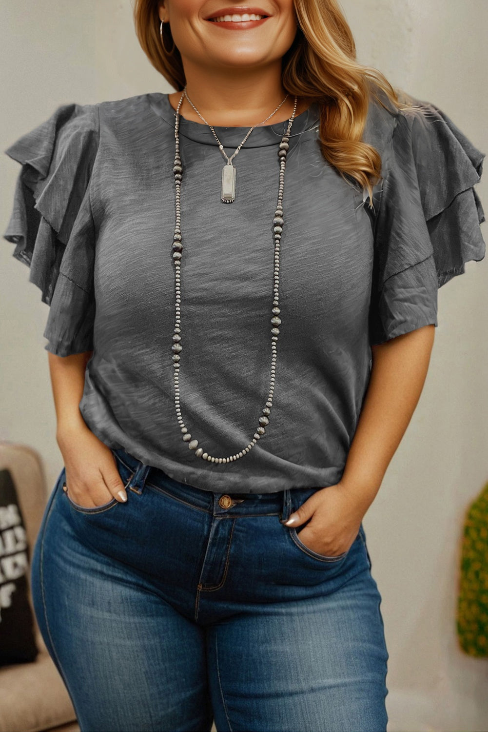 Plus Size Solid Layered Ruffle Short Sleeve Top