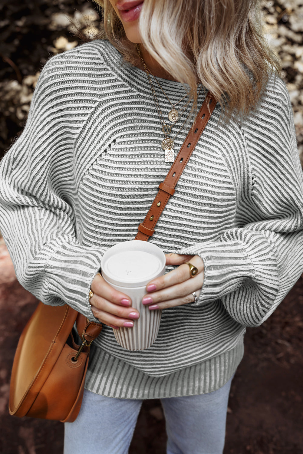 Stripe Ribbed Knit Boat Neck Sweater