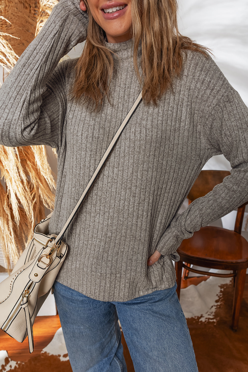 Solid Ribbed Knit Mock Neck Pullover Top