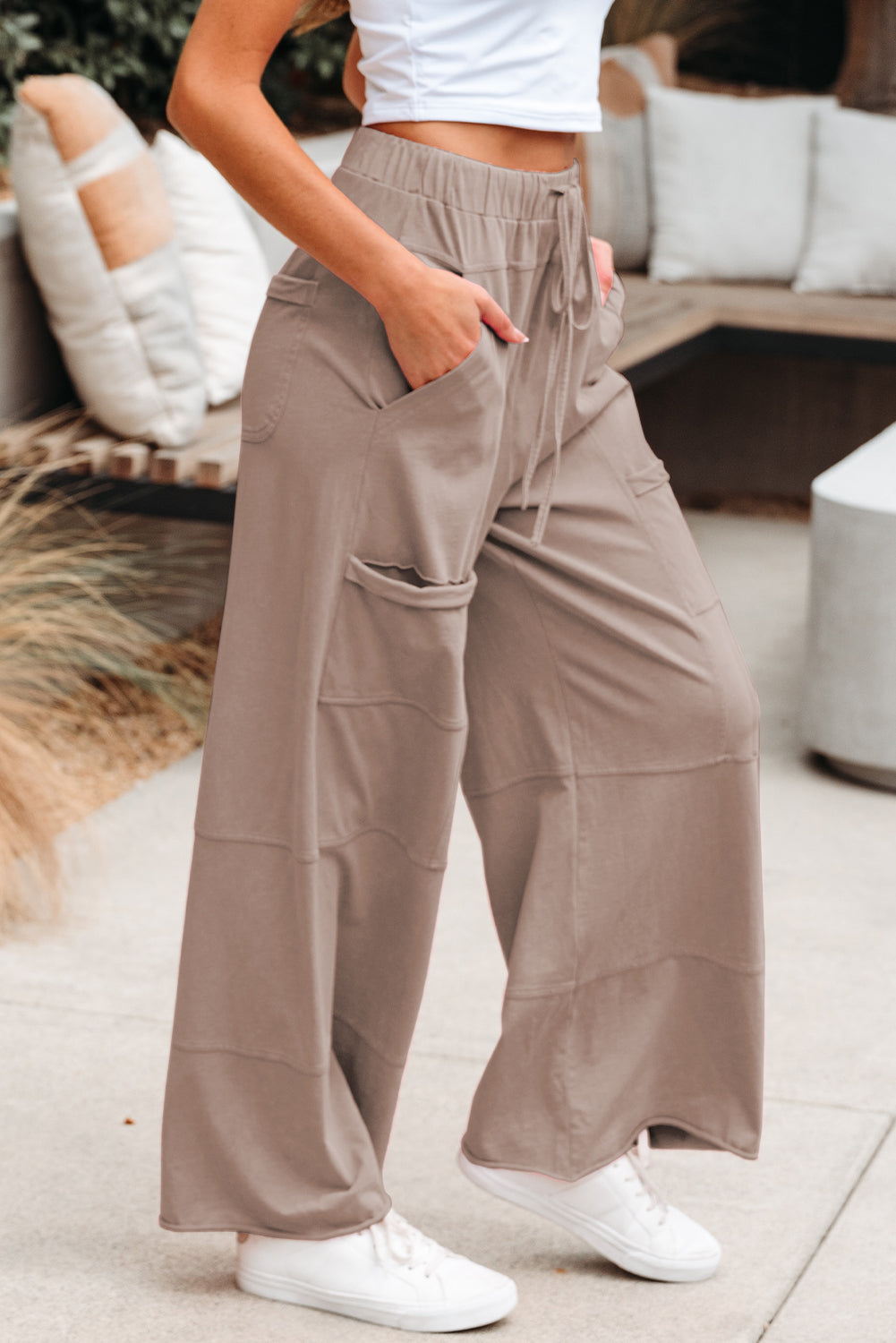 Mineral Wash Reverse Seam Drawstring Elastic Waist Pants