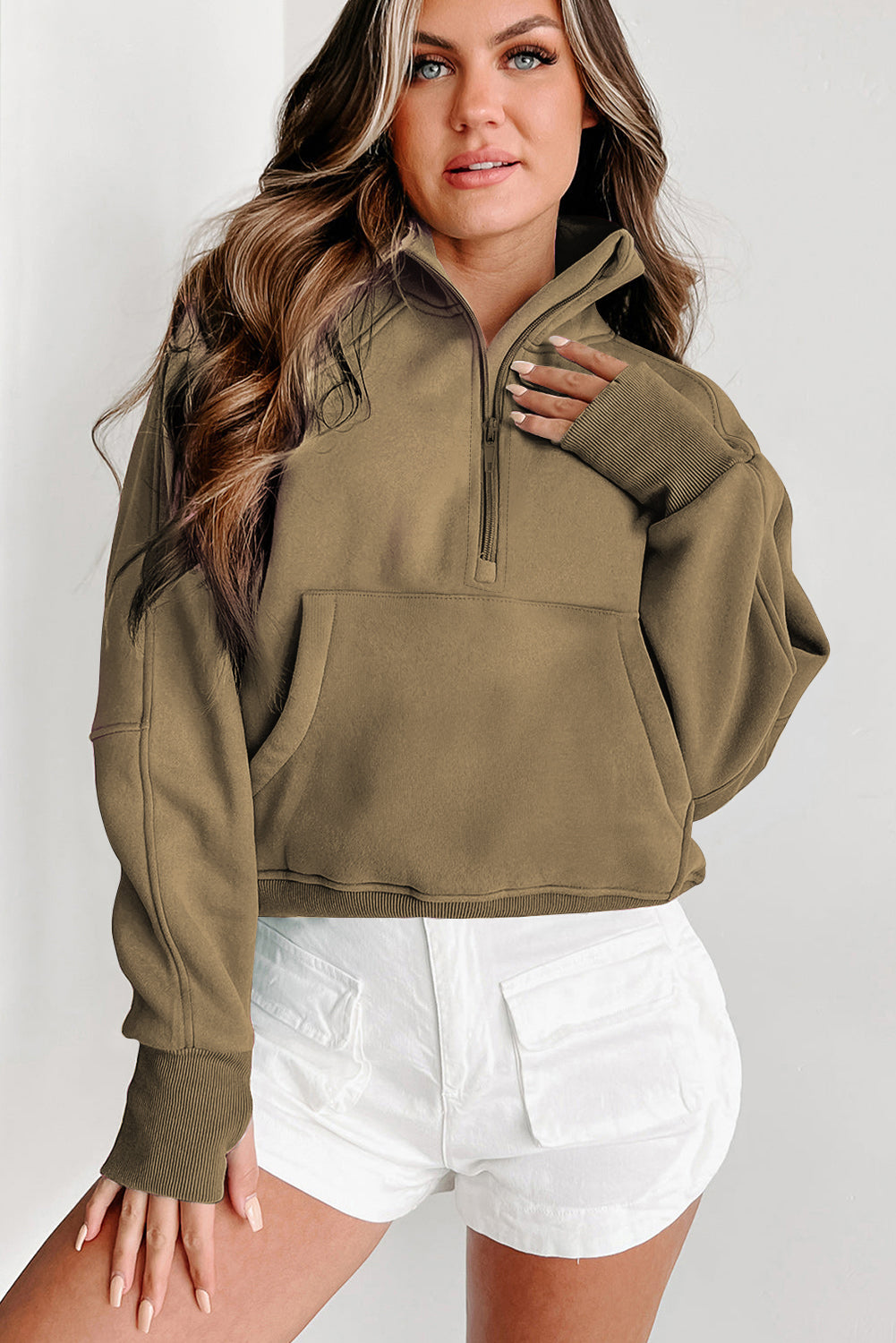 Solid Fleece-Lined Half-Zip Up Collar Sweatshirt