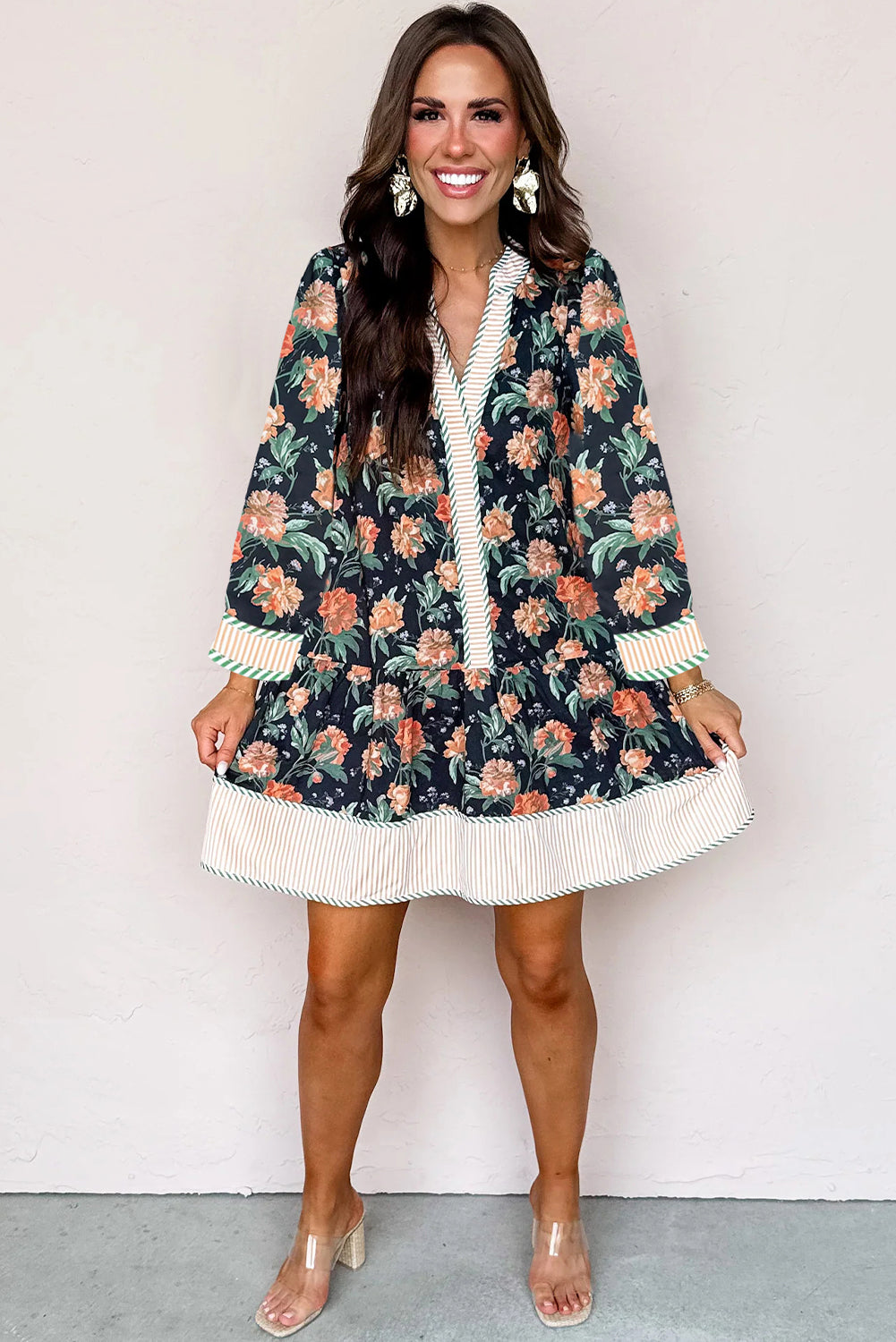 Floral Stripe Trim V-Neck Ruffle Hem Mini Dress