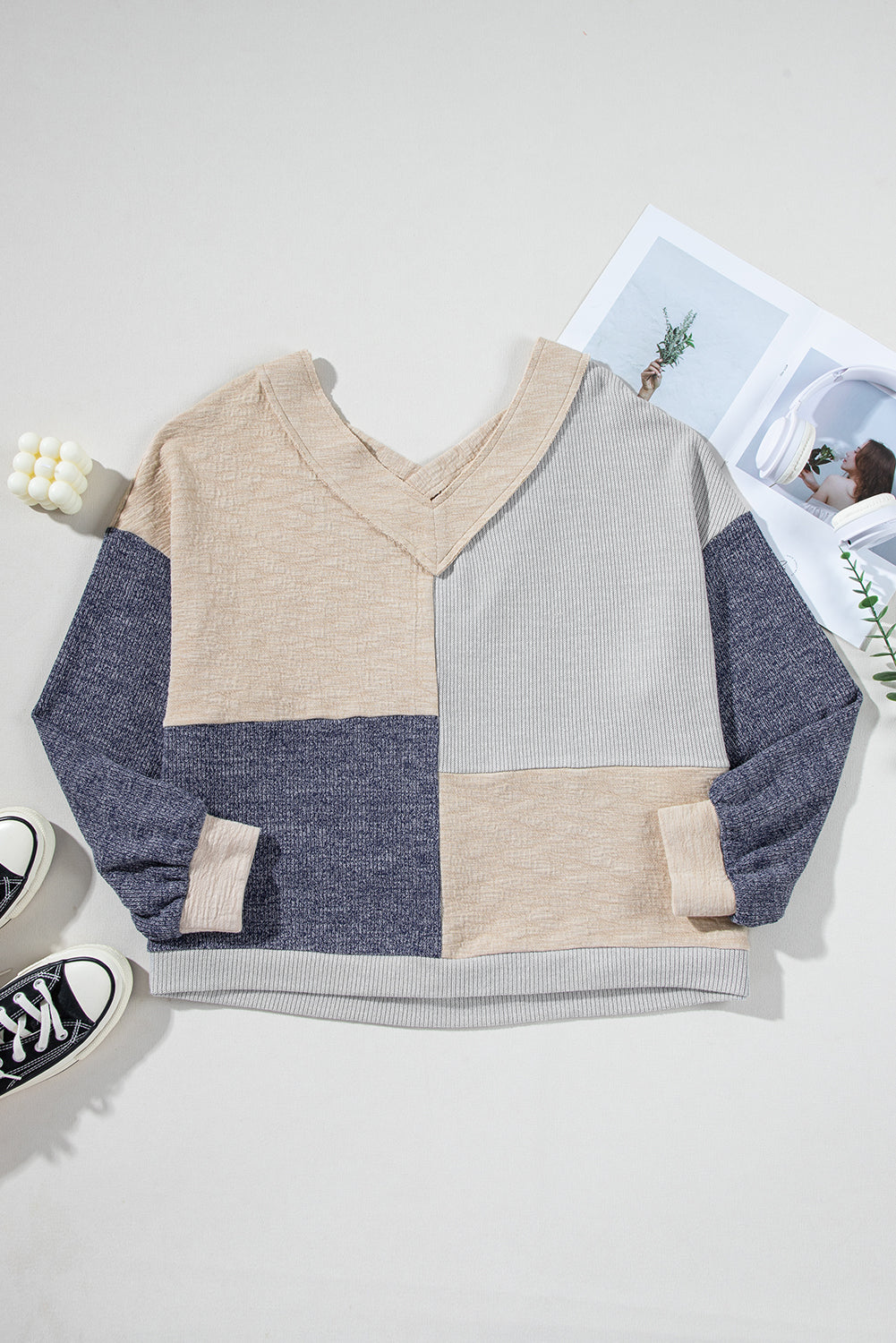 Plus Size Textured Patchwork Long Sleeve V-Neck Top