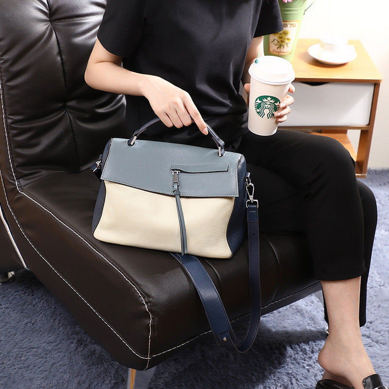 Genuine leather bag for female bag shoulder bag large capacity with contrast color pattern tote