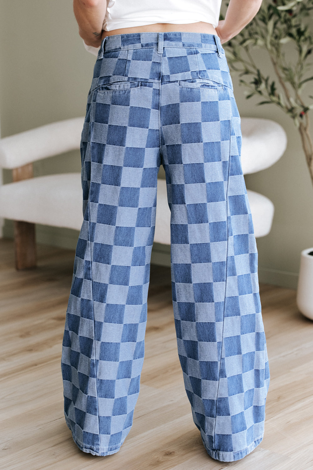Checker Denim Wide Leg Jeans