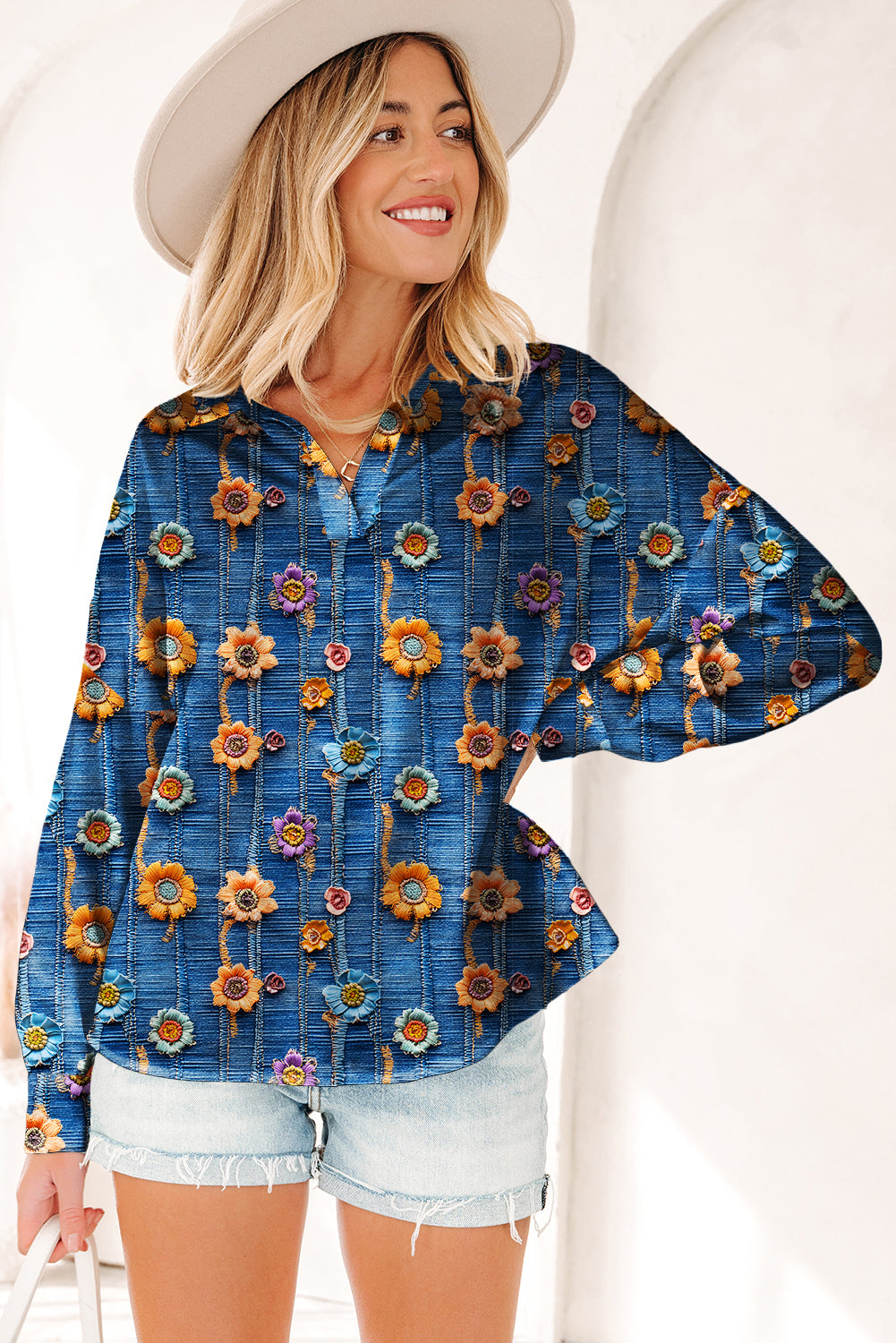 Floral Patchwork Long Sleeve Collared V-Neck Blouse