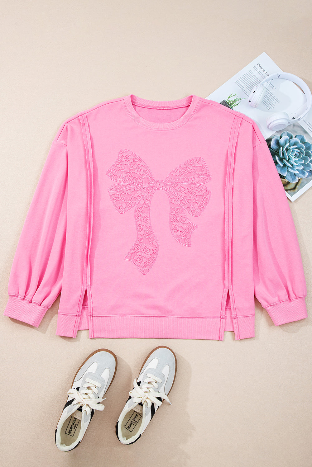 Plus Size Bow Lace Embroidered Dolman Sleeve Sweatshirt