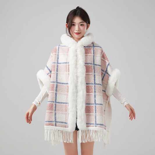 Hooded Fleece-Lined Cape with Tassel