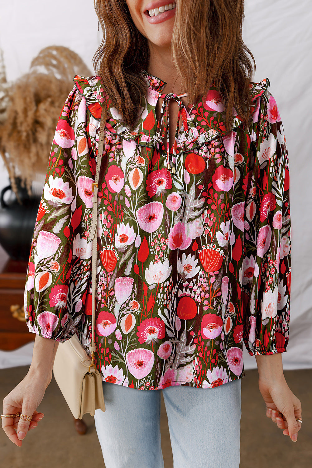 Floral 3/4 Sleeve Lace-Up Neck Blouse