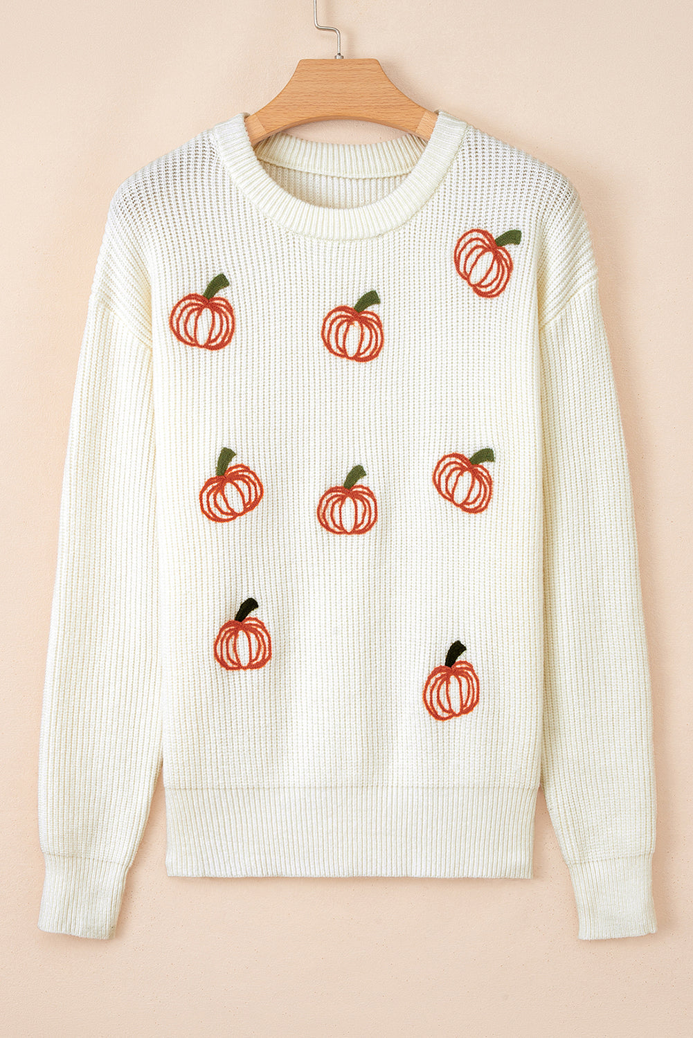 Halloween Pumpkin Embroidered Ribbed Thanksgiving Holiday Sweater