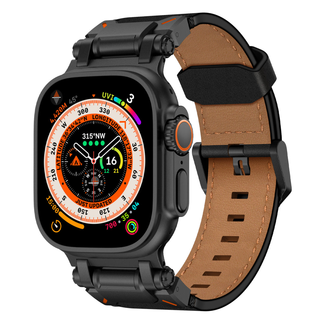 Leather Tactical Band for Apple Watch Ultra – 26mm Wide, Mecha-Style Connectors, Adventure-Ready