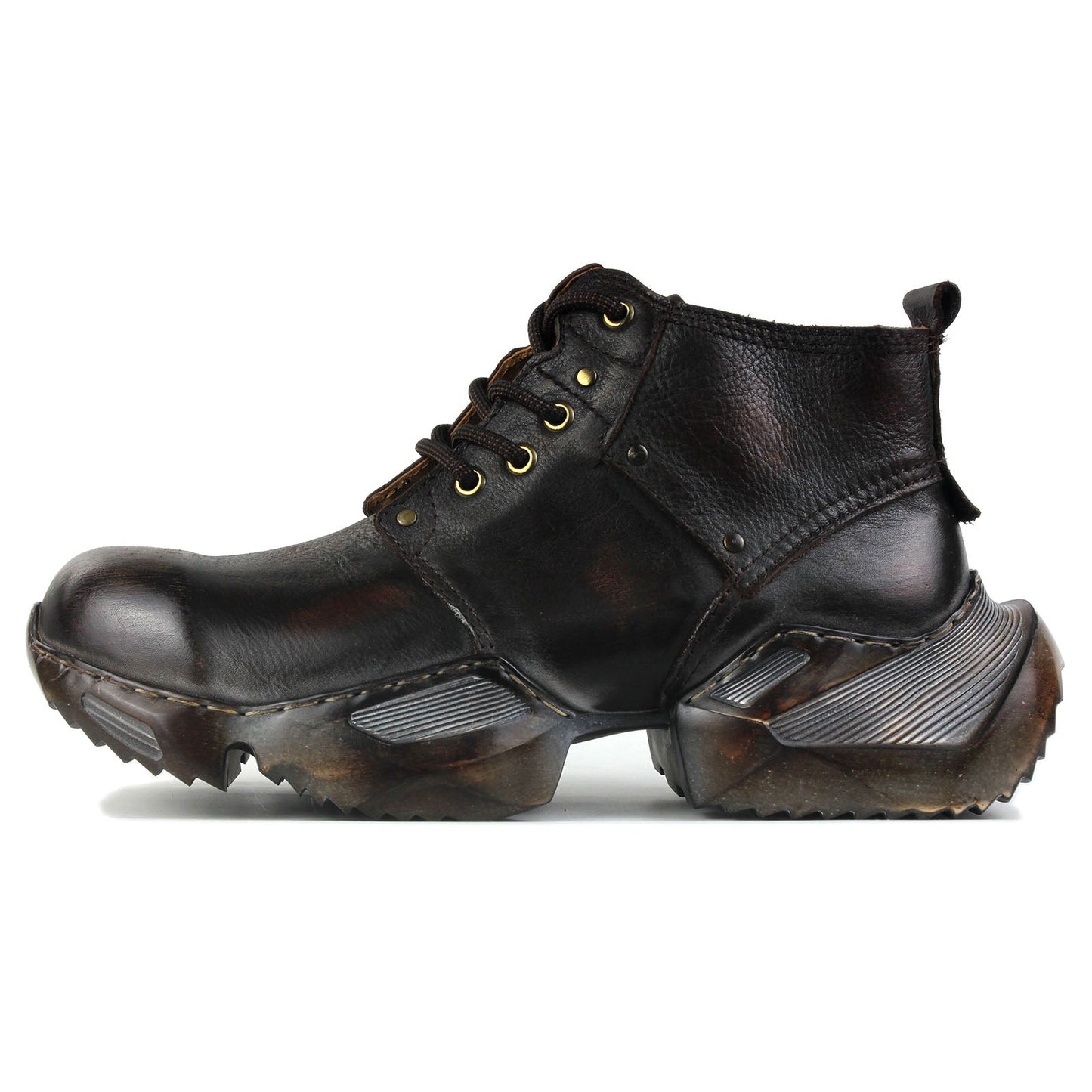 Men's Leather athletic walking Moto Boots OS-5008-S-1 Retro Darkbrown