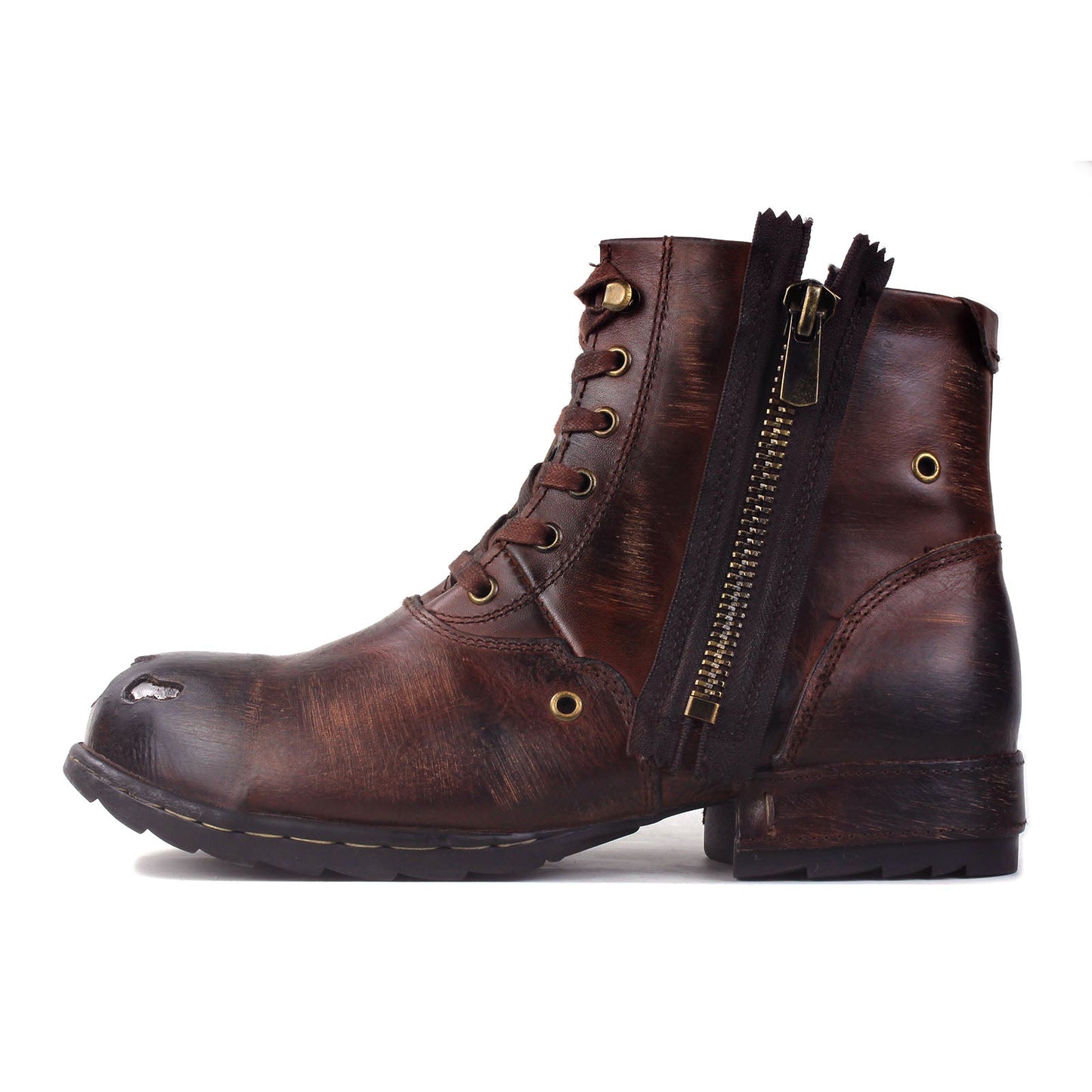 Men's Leather Ankle Moto Boots OS-5008-8-Metal Brown