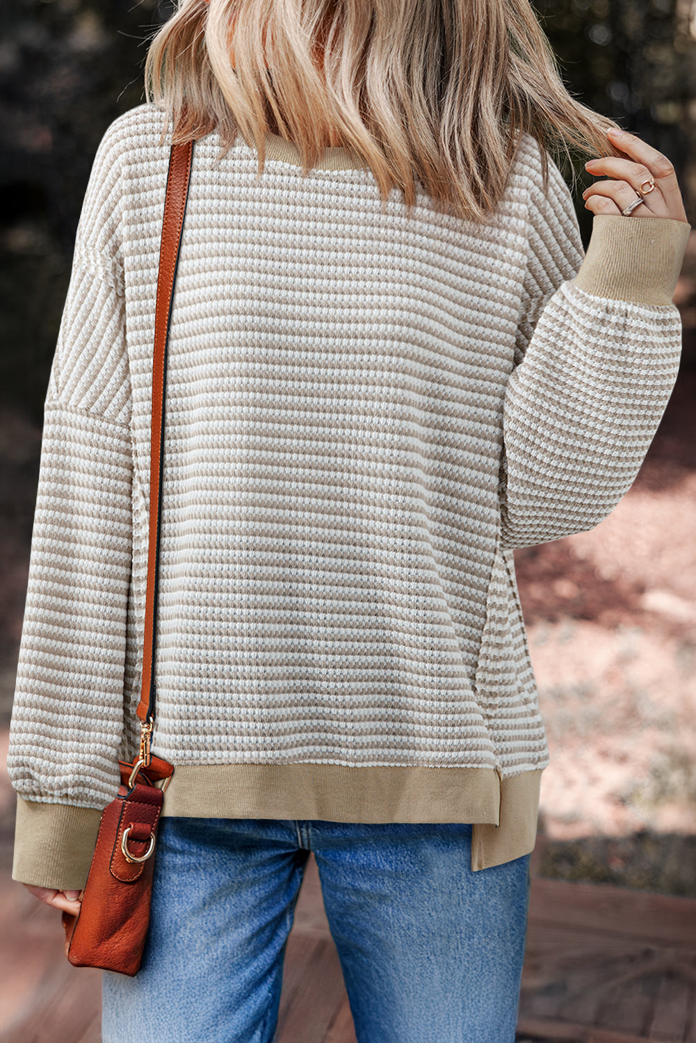 Stripe Ribbed Trim Drop Shoulder Top