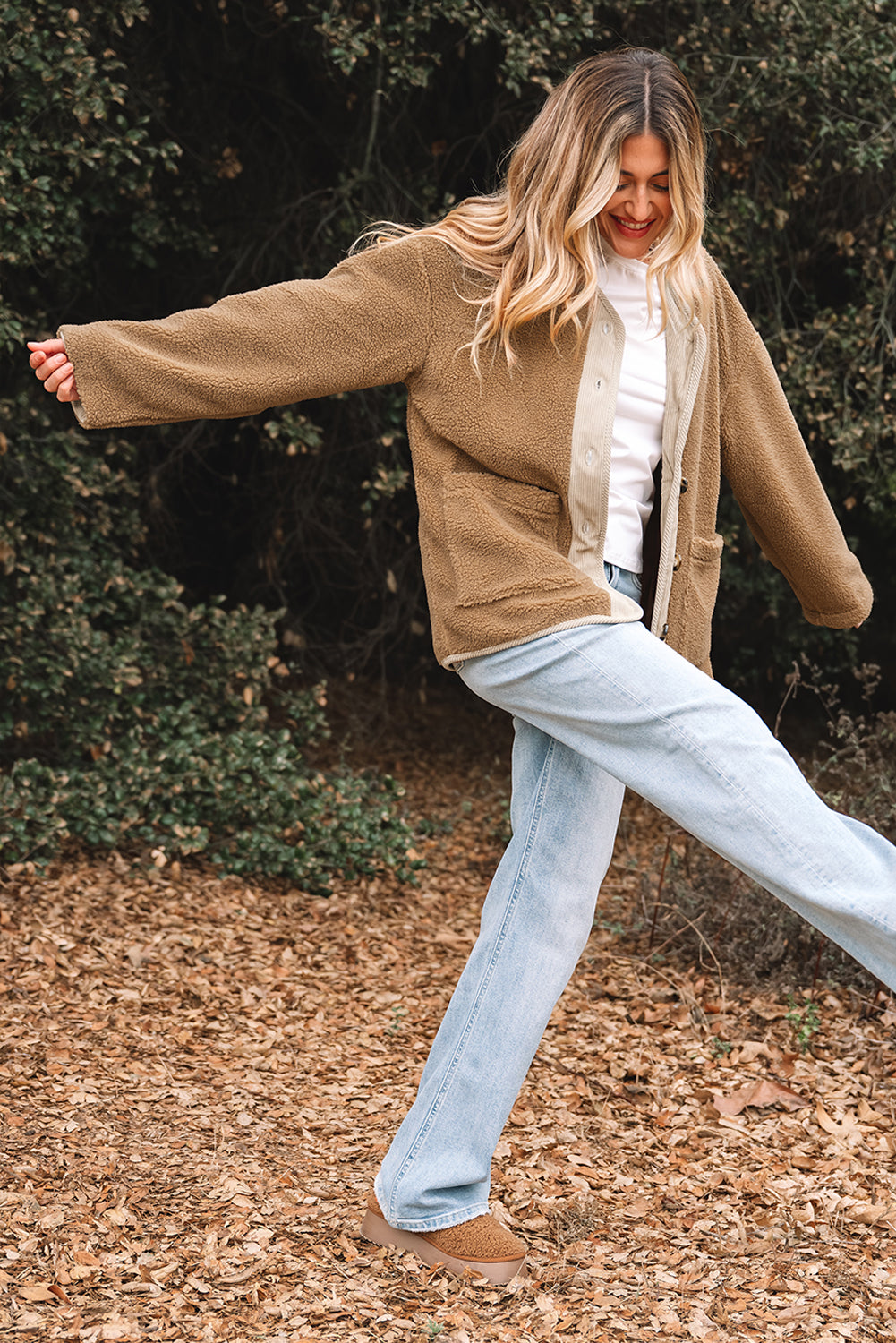 Fleece Corduroy Patchwork Button Up Jacket