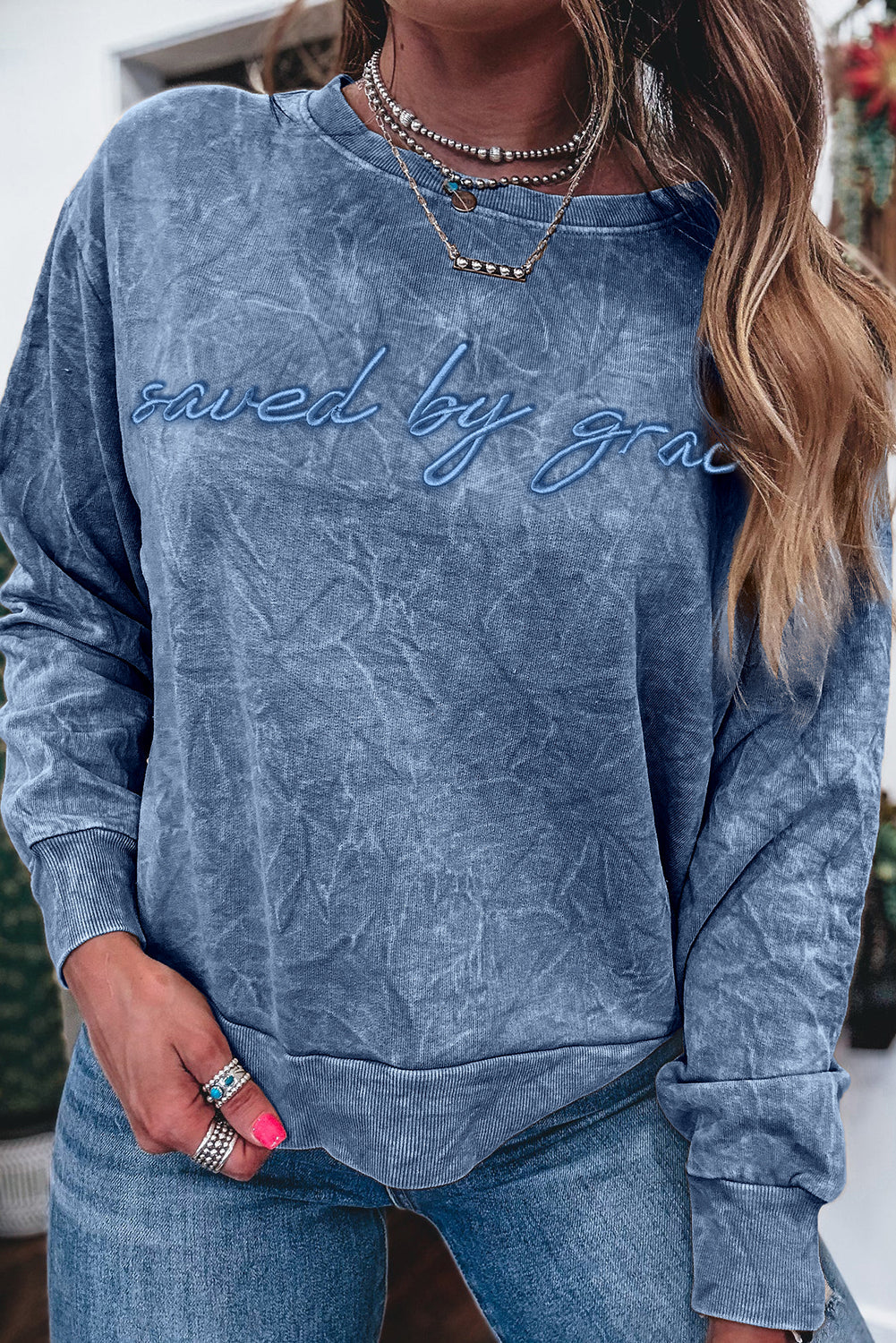 SAVED BY GRACE Embroidered Mineral Wash Sweatshirt