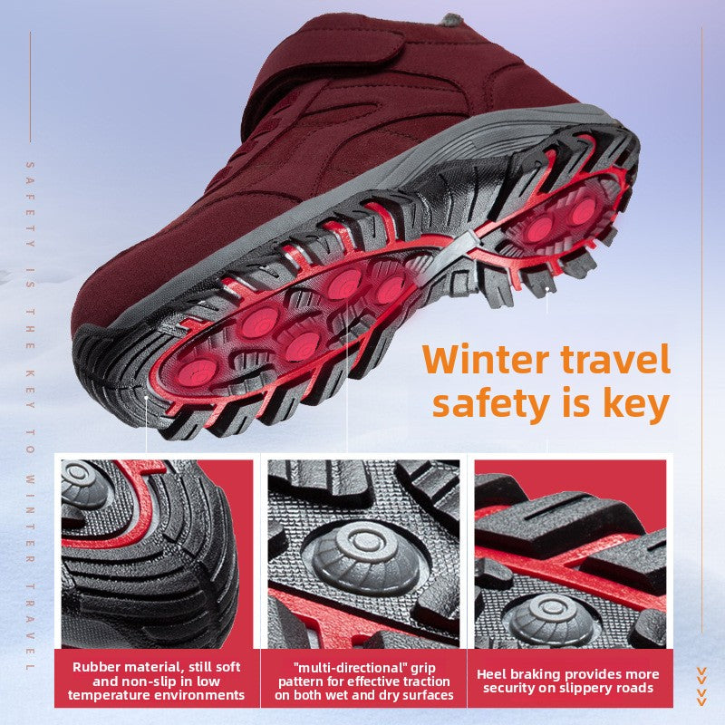 Winter fleece-lined high-top walking shoes for men and women.