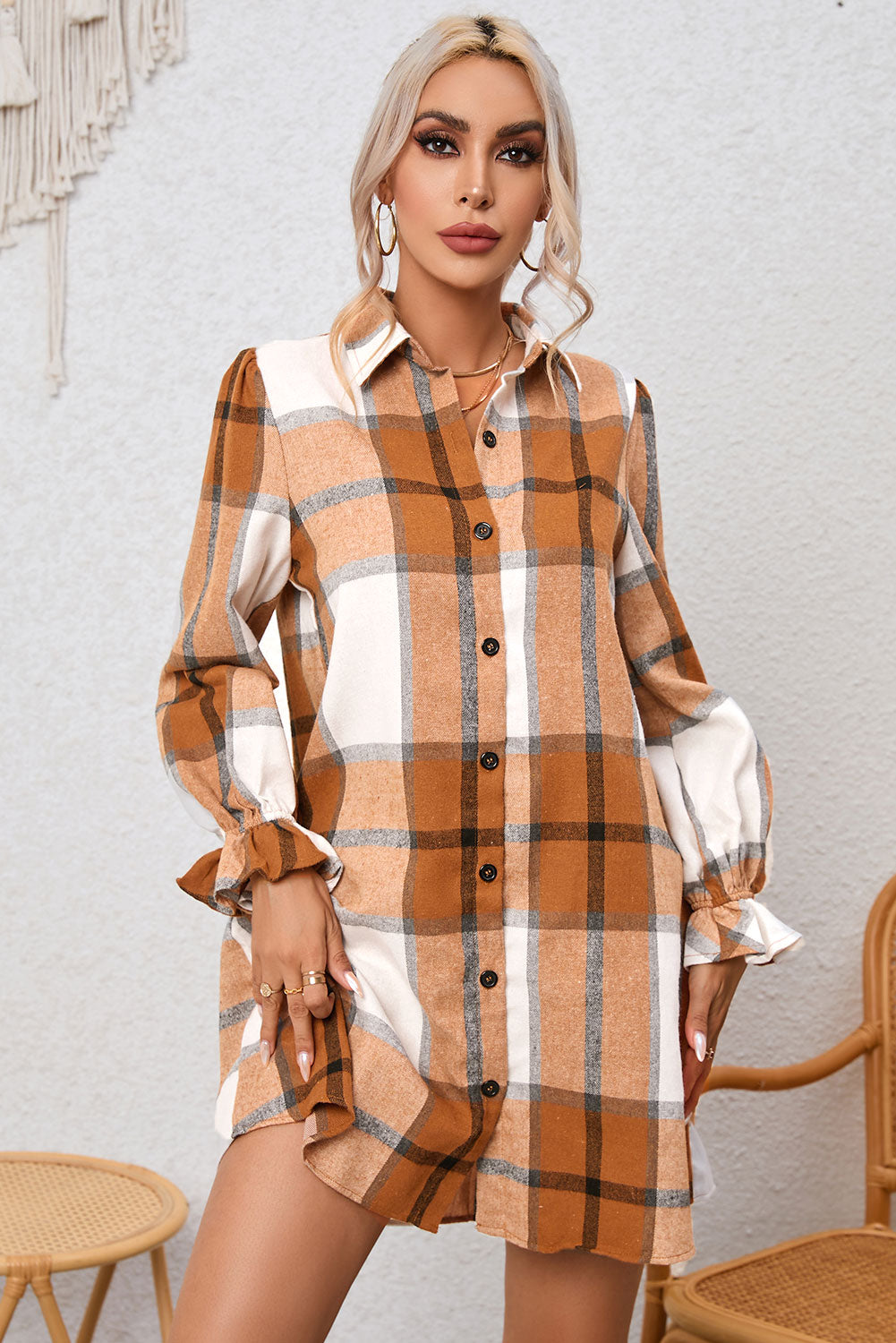Plaid Collared Neck Ruffle Sleeve Shirt Dress