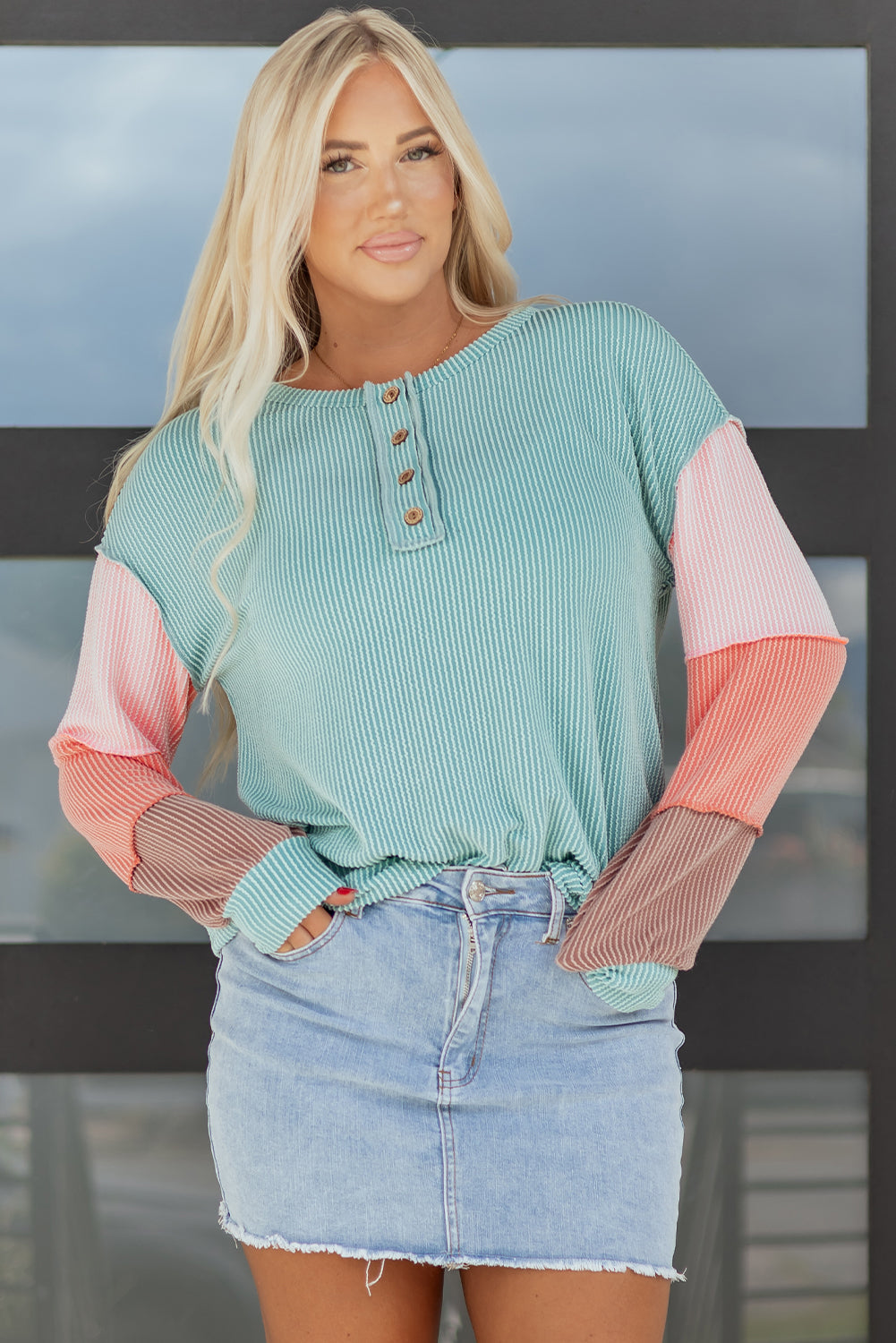 Colorblock Corded Knit Long Sleeve Henley Top