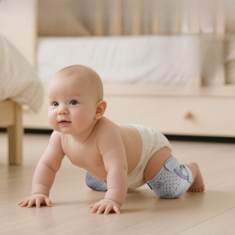 The baby is crawling with knee pads