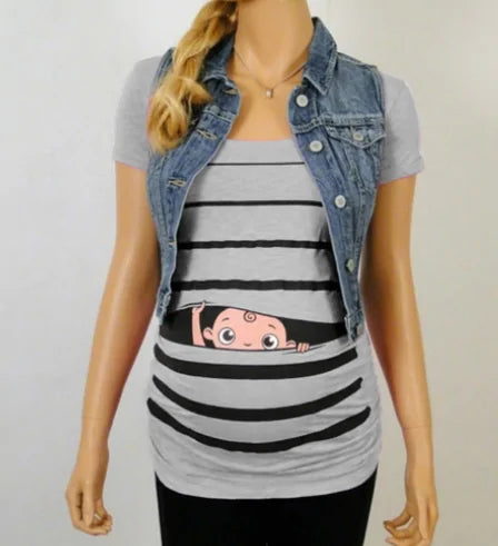 Sweet Cartoon Striped Maternity Summer T-shirt - # WOAA21510010-PRG