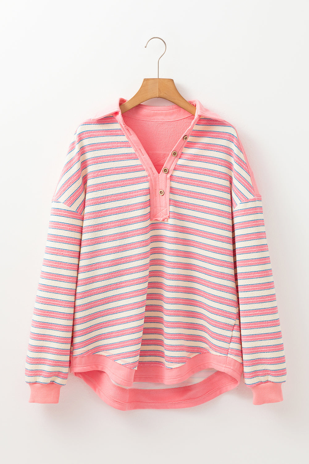 Stripe Buttoned Collared V-Neck Drop Shoulder Top