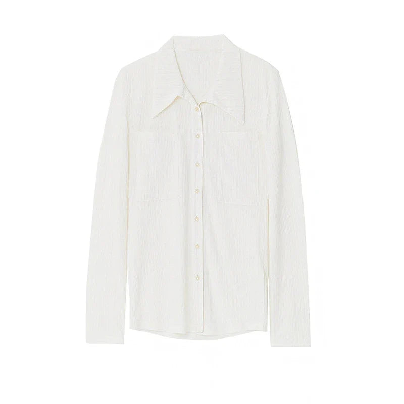 2025 Autumn Thin Women Slim Fit Point Collar Pocket Breathable Shirt New Style
