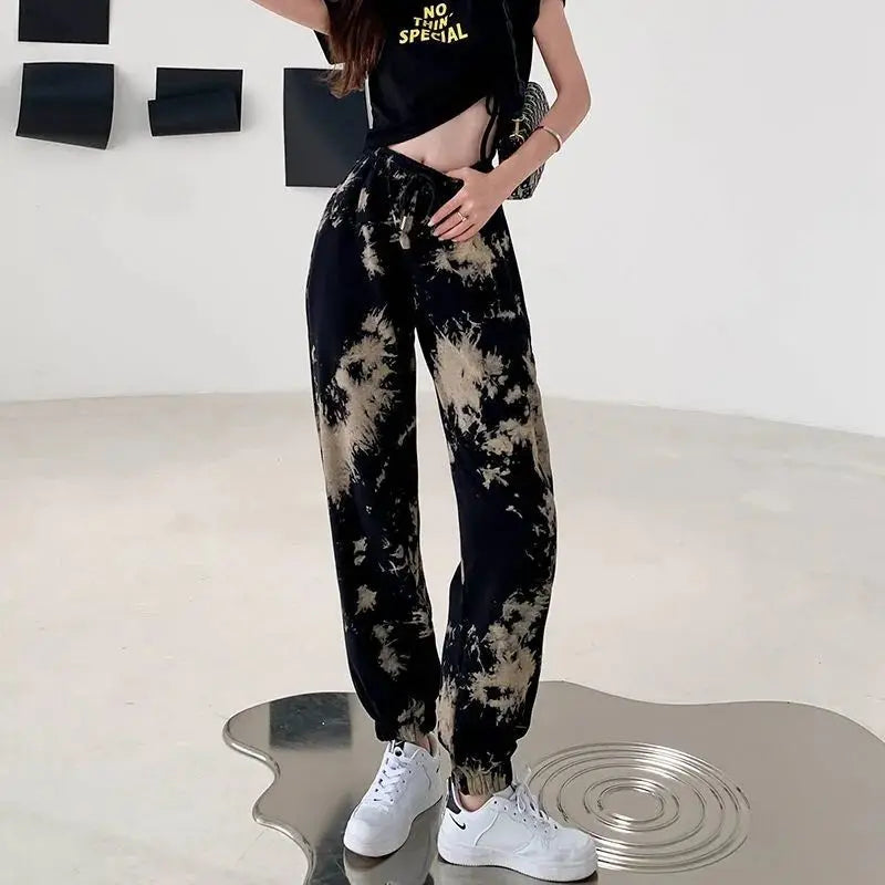 Women's Clothing Printing Loose Elastic Waist Lacing Comfortable Spring Summer Thin Straight Pockets Casual Harem Pants