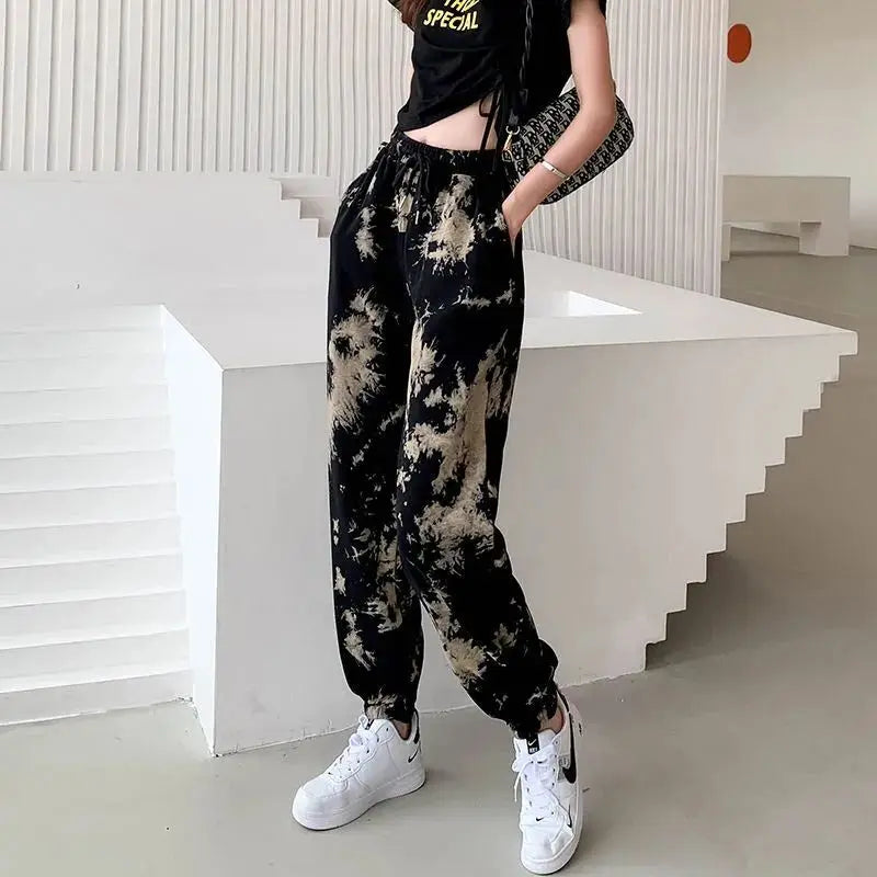 Women's Clothing Printing Loose Elastic Waist Lacing Comfortable Spring Summer Thin Straight Pockets Casual Harem Pants