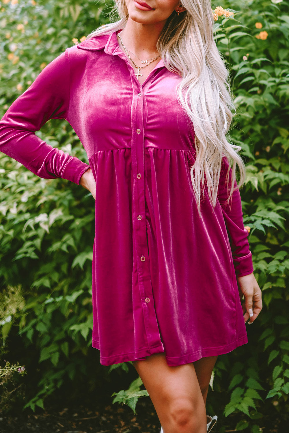 Velvet Button-Up Long Sleeve Ruffle Dress