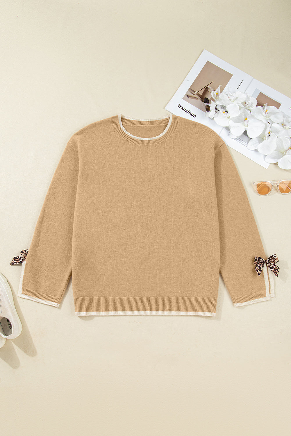 Plus Size Leopard Bow Split Cuff Sweater