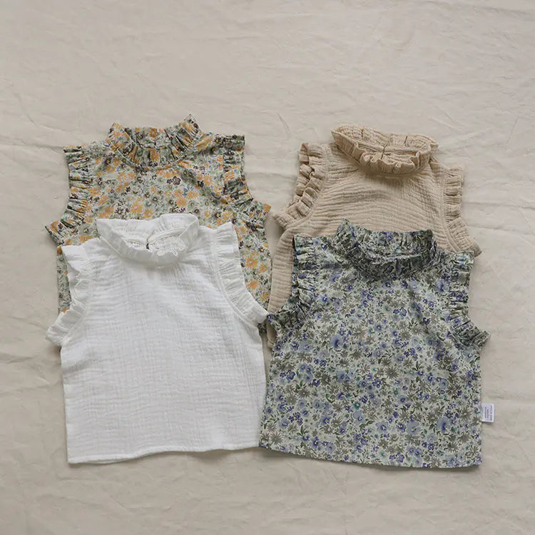 Retro Floral Toddler Girl Summer T-shirt Vest Outfit - # GIAA21510004