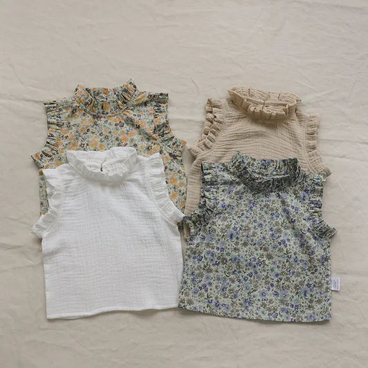 Retro Floral Toddler Girl Summer T-shirt Vest Outfit - # GIAA21510004