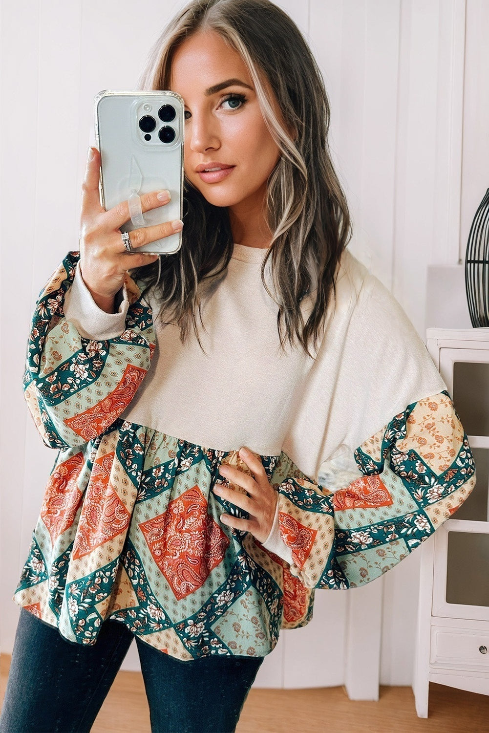 Paisley Geometric Patchwork Long Sleeve Top